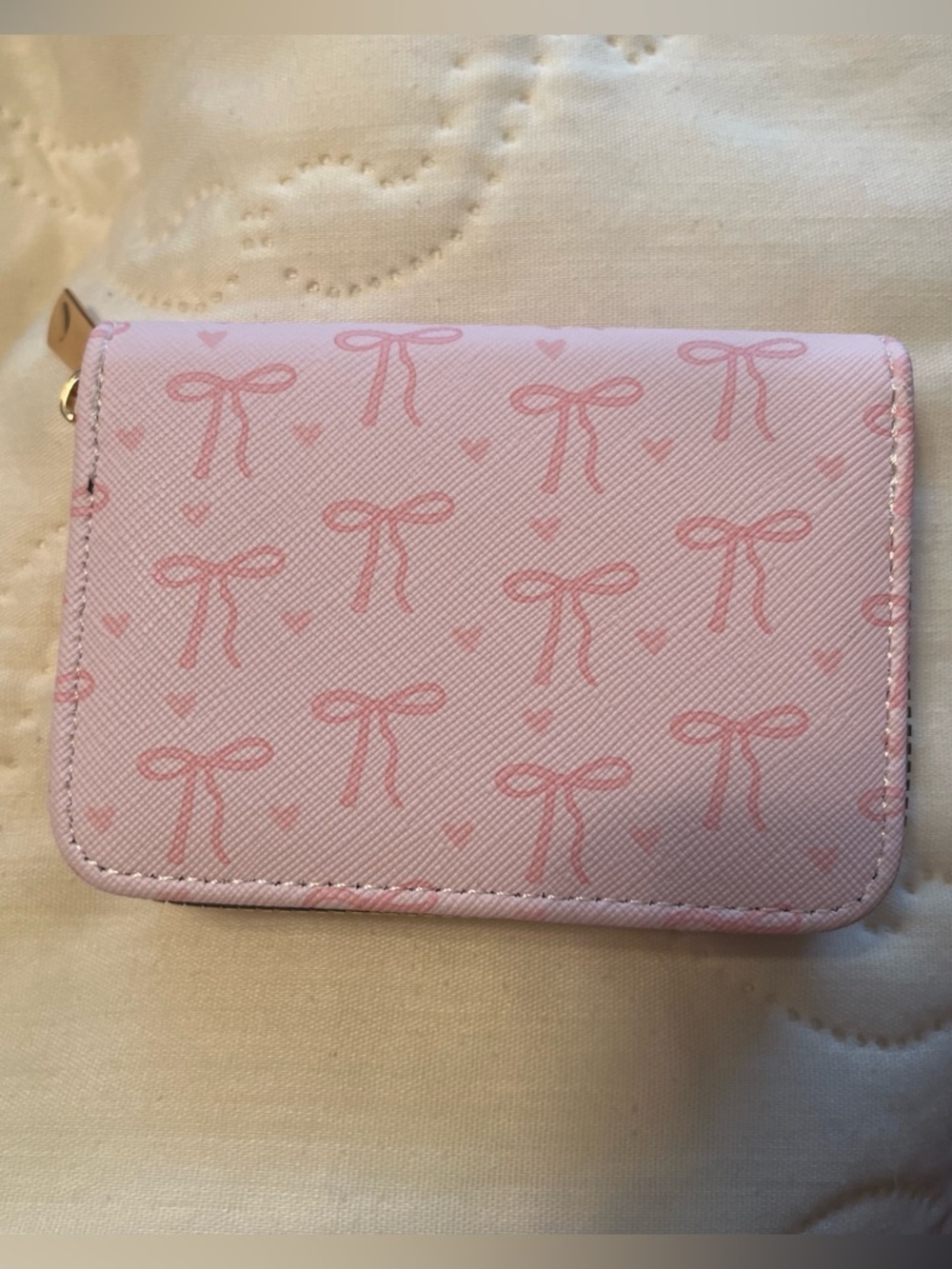 Compact Pink Bow-Print Zip Wallet for Women